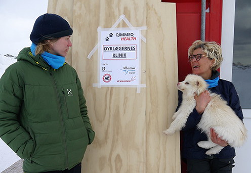 QimmeqHealth’s pop-up-klinik blev indrettet i en beboelsescontainer, placeret tæt på hundepladsen. Emilie Andersen-Ranberg og Rikke Langebæk - med én af efterskolens hvalpe.